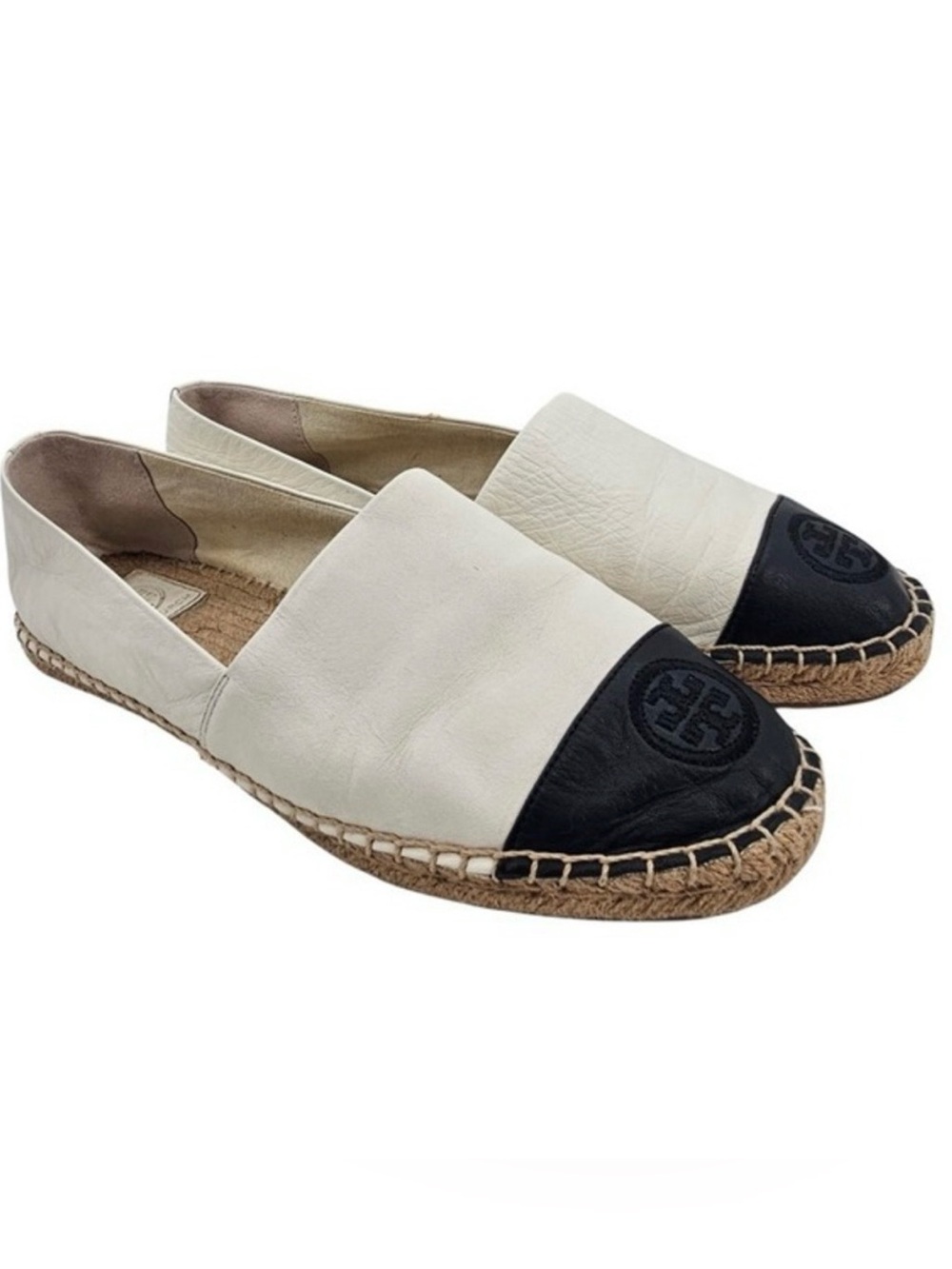 Tory Burch Womens 9 Colorblock Leather Espadrilles Flats in Ivory Black